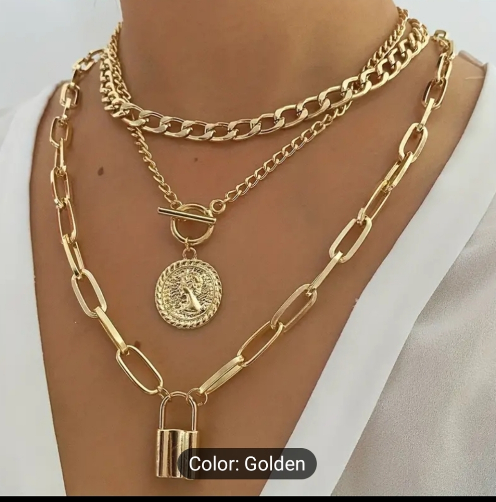 Women's Chunky Multi-Layered 3 Strand GP Necklace Set